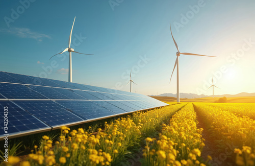 Scenic view of solar panels farm in rural area with wind turbines. Renewable energy solution. Sustainable technology for clean electricity production surrounded by summer field with yellow flowers.