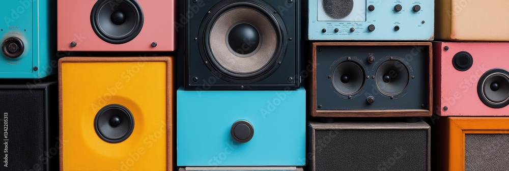 Obraz premium A row of colorful speakers are displayed, with some of them being pink, yellow, and blue. The speakers are arranged in a way that creates a visually appealing and colorful display