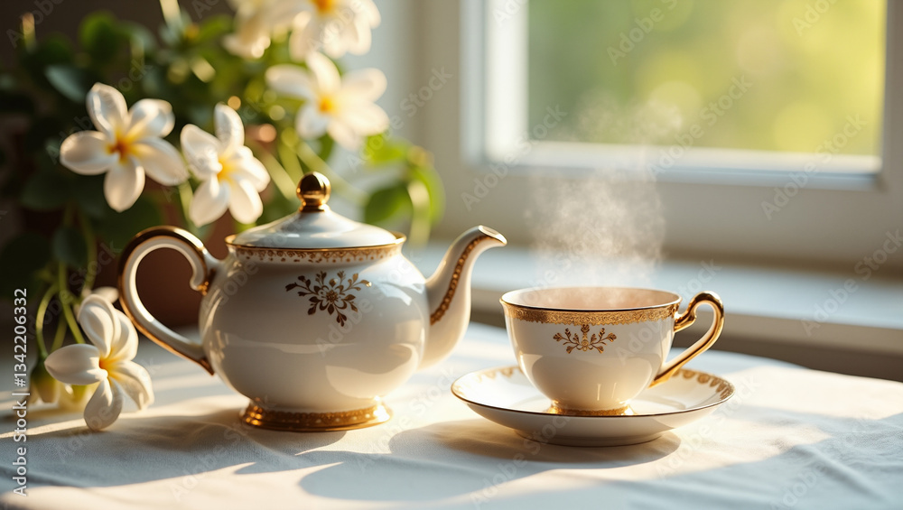 Fototapeta premium elegant tea set with steaming cup on a sunny windowsill