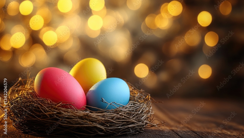Obraz premium Colorful Easter eggs in a bird's nest on a wooden surface with a bokeh background