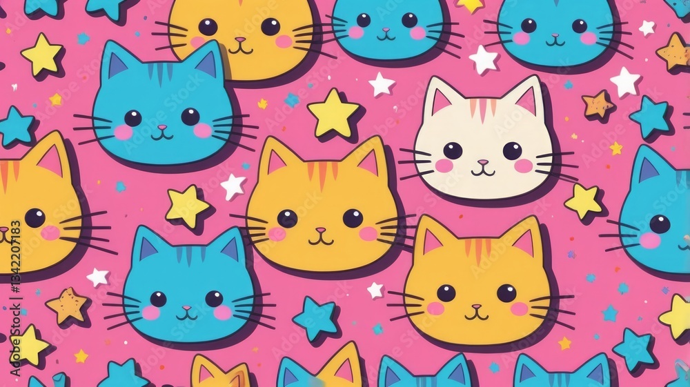 Naklejka premium Minimalist kawaii pattern with cat faces twinkli