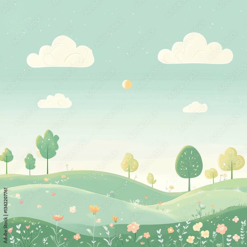 Vibrant Spring Landscape Illustration: Whimsical Nature Scene with Lush Greenery and Colorful Flora Vibrant Spring Landscape Illustration: Whimsical Nature Scene with Lush Greenery and Colorful Flora