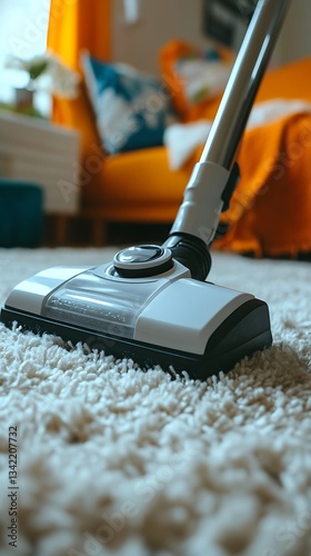 The vacuum cleaner head cleans a white fluffy carpet indoors