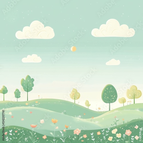 Vibrant Spring Landscape Illustration: Whimsical Nature Scene with Lush Greenery and Colorful Flora