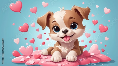 Sweet cartoon puppy with tiny paws and hearts