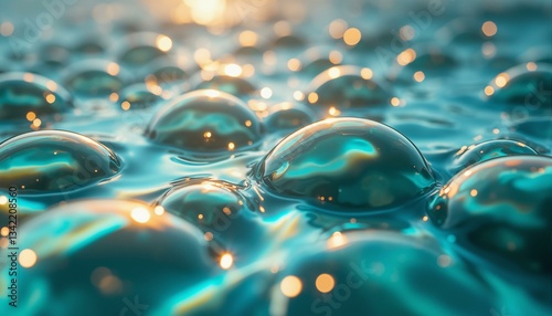 Iridescent wave patterns, delicate transparent orbs, aquamarine water, soft ripples, warm sunlight, tropical paradise, serene atmosphere, underwater scene, oceanic tranquility, shimmering waves, gentl