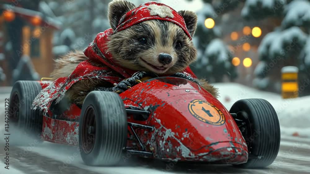 Waschbär mit Helm fährt ein kleines Rennauto