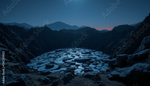 Petrified lava flows, obsidian rock formation, desert landscape, midnight sky with stars, rugged terrain, worn edges, sandstorms, volcanic crater, ancient geological formation, dark blue night sky