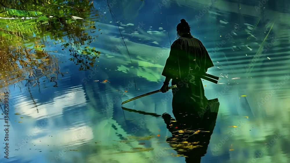 Samurai mit Schwert an einem ruhigen See