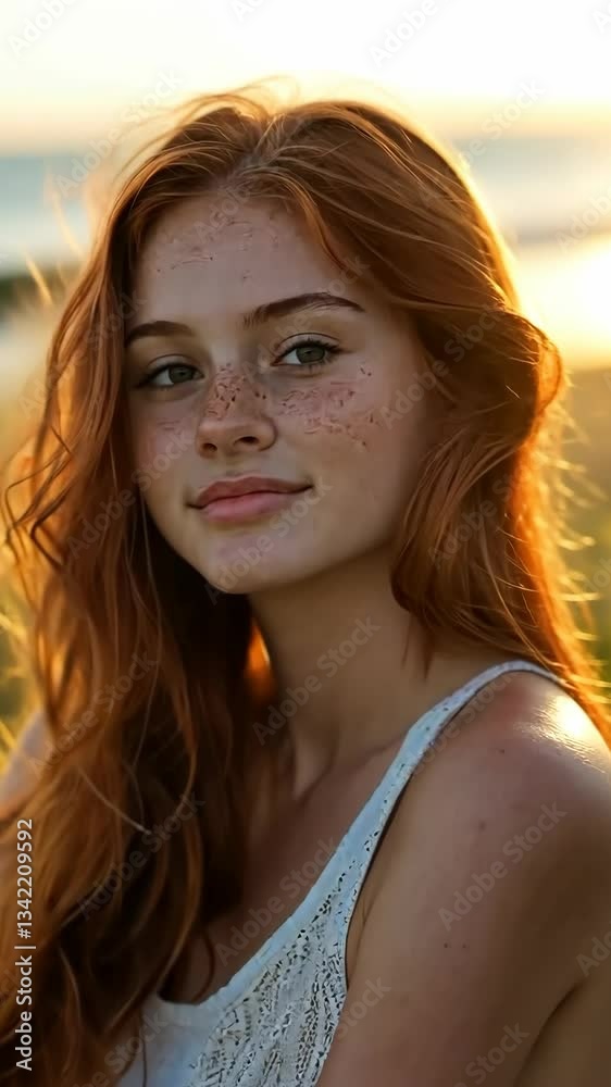 Young woman with flowing red hair enjoys a serene sunset by the beach in golden light Young woman with flowing red hair enjoys a serene sunset by the beach in golden light