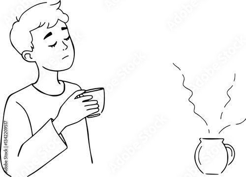 Outline of a man holding a tea cup minimal cozy lifestyle vector illustration