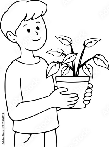 Outline of a person with a potted plant minimal sustainable lifestyle vector illustration