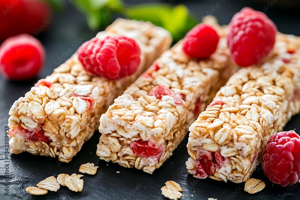 Delicious granola bars topped with fresh red raspberries displayed closely Delicious granola bars topped with fresh red raspberries displayed closely