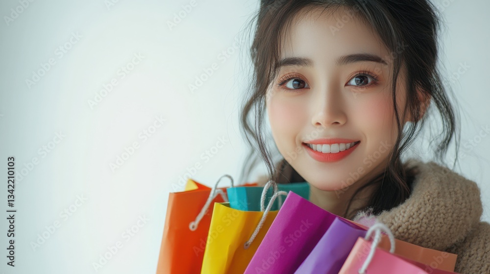 Asian woman carrying shopping bags, smiling with joy, isolated on a pastel blue studio background Asian woman carrying shopping bags, smiling with joy, isolated on a pastel blue studio background