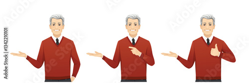 Mature business man showing or holding something, pointing with thumb up. Isolated vector illustration set