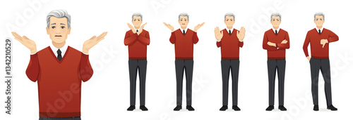 Mature business man showing negative emotions with different gestures set. Upset, dislike, angry, refused isolated vector illustration.