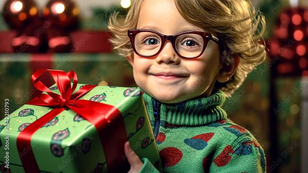 Lächelnder Junge mit rotem Geschenkband um sein Geschenk