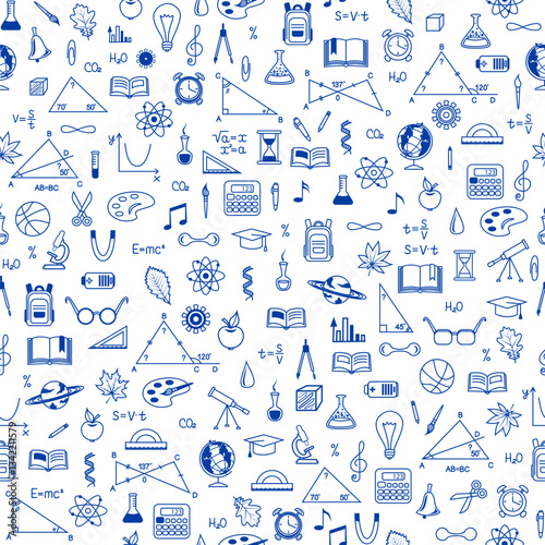 Back to school seamless pattern with school supplies. Education, science concept background