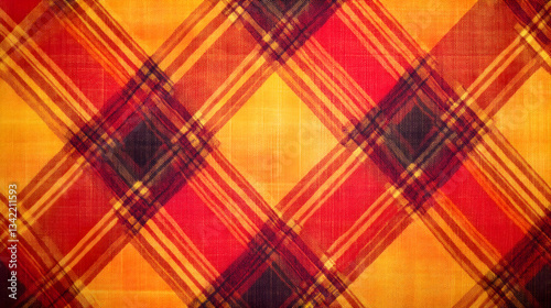Seamless plaid pattern in vibrant autumn colors of red, orange, and yellow, ideal for seasonal designs and cozy textiles