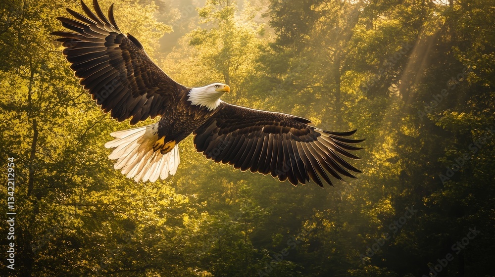 Fototapeta premium A majestic bald eagle soaring high above the forest, its wings spread wide as the pristine golden sunset light bathes everything in an ethereal glow. 