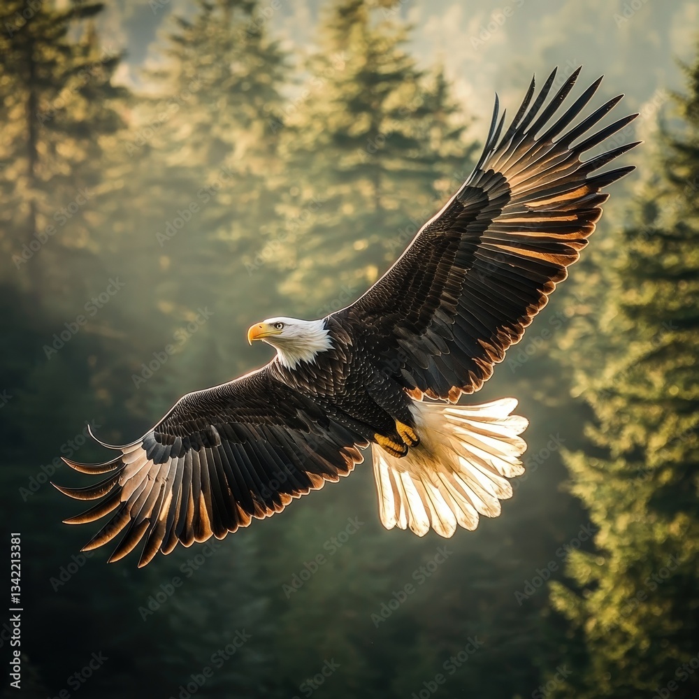 Fototapeta premium A majestic bald eagle soaring high above the forest, its wings spread wide as the pristine golden sunset light bathes everything in an ethereal glow. 