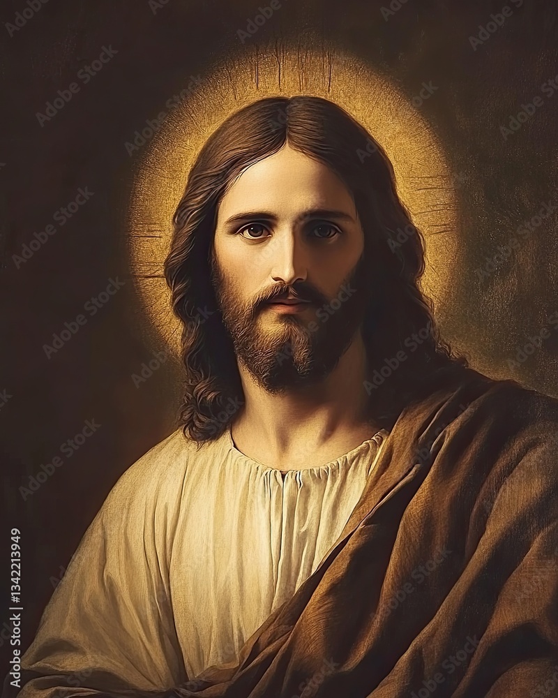 Fototapeta premium A classical religious portrait of Jesus Christ with a golden halo, long wavy hair, and a serene expression, wearing a white robe with a brown cloak.
