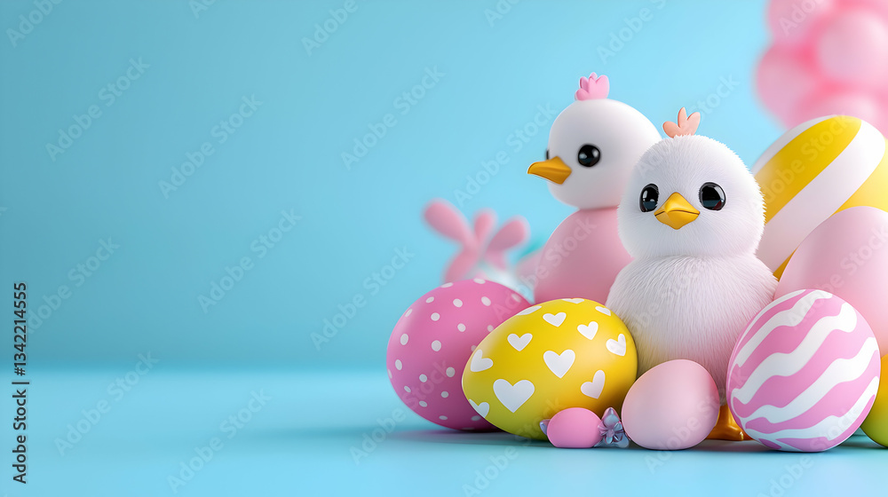 Adorable Baby Chicks with Pastel Easter Eggs on Blue Background Adorable Baby Chicks with Pastel Easter Eggs on Blue Background