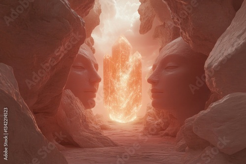 Mysterious canyon with stone faces leading to glowing fiery port