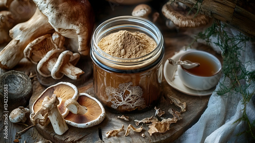 A jar of powdered Lion's Mane mushroom supplement, with dried mushrooms and a cup of herbal tea