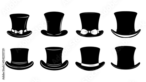 set of black silhouettes of  top hats flat vector