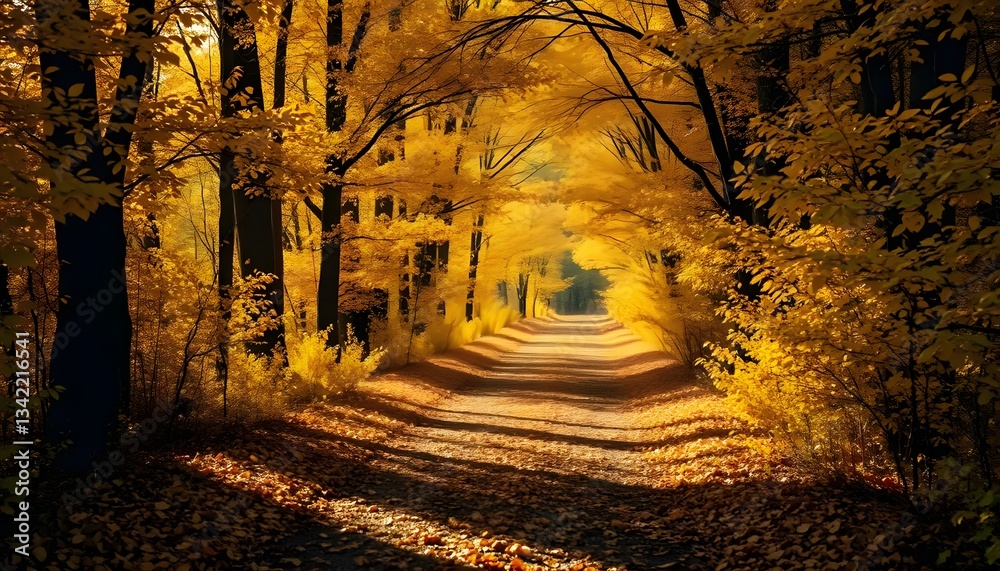 Fototapeta premium Autumn forest path covered in golden leaves, gentle breeze stirring the foliage, soft sunlight creating a warm, inviting atmosphere, ultra-detailed, 8K resolution.