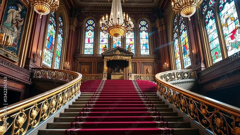 Ornate grand staircase with red carpet and gold railings in a luxurious building featuring stained glass windows and chandeliers