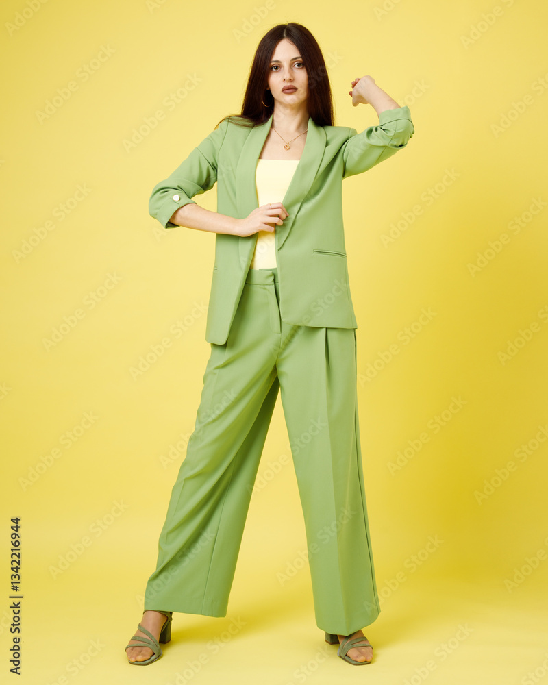 Fashion portrait of beautiful model in green suit against yellow background