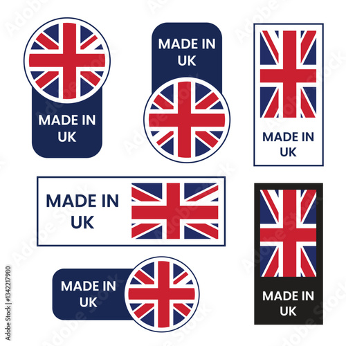 Made in United Kingdom label collection. Set of flat isolated stamp made in UK. 