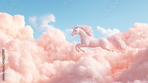 Majestic unicorn leaps through fluffy pink clouds against serene