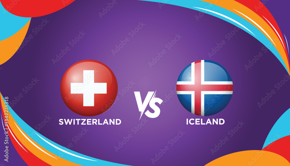 Obraz premium Switzerland VS Iceland broadcast template for sports UEFA Women's Euro 2025. Football or soccer tournament vector illustration graphics. 3D stock illustration.