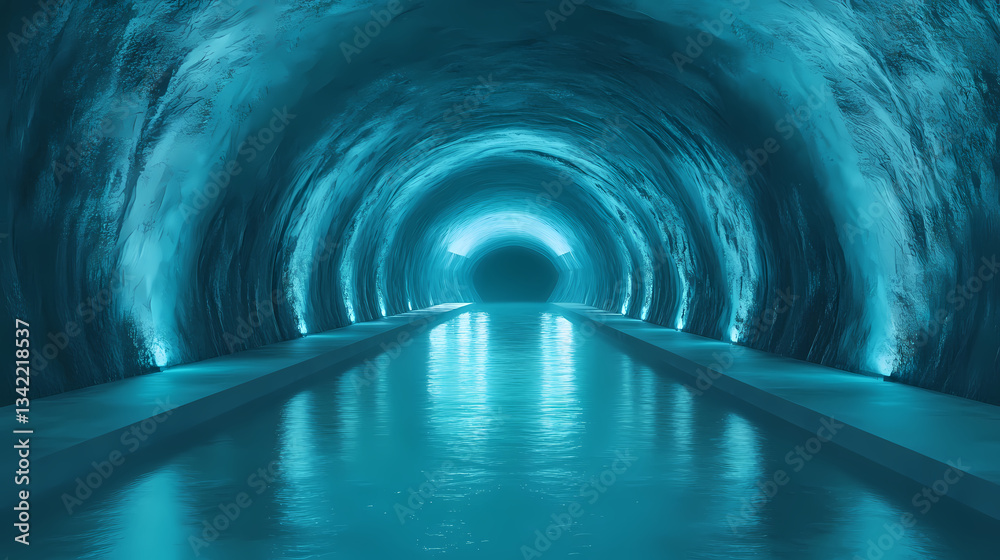 Fototapeta premium Motion light blue abstract futuristic underground tunnel generative ai. Subterranean Tunnels. Illustration