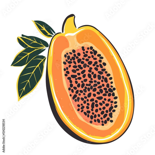 Simple hand-drawn colorful sliced Mountain Papaya. Trendy abstract minimal style. Natural fresh. Vector illustration isolated on white background, vector illustration