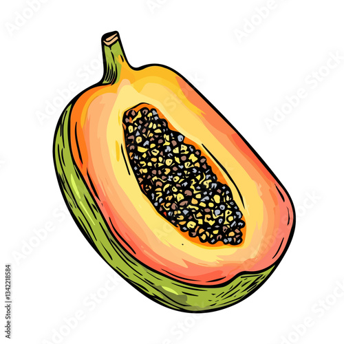 A hand-drawn colorful sliced Mountain Papaya. Trendy abstract minimal style. Natural fresh. Vector illustration isolated on white background, vector illustration