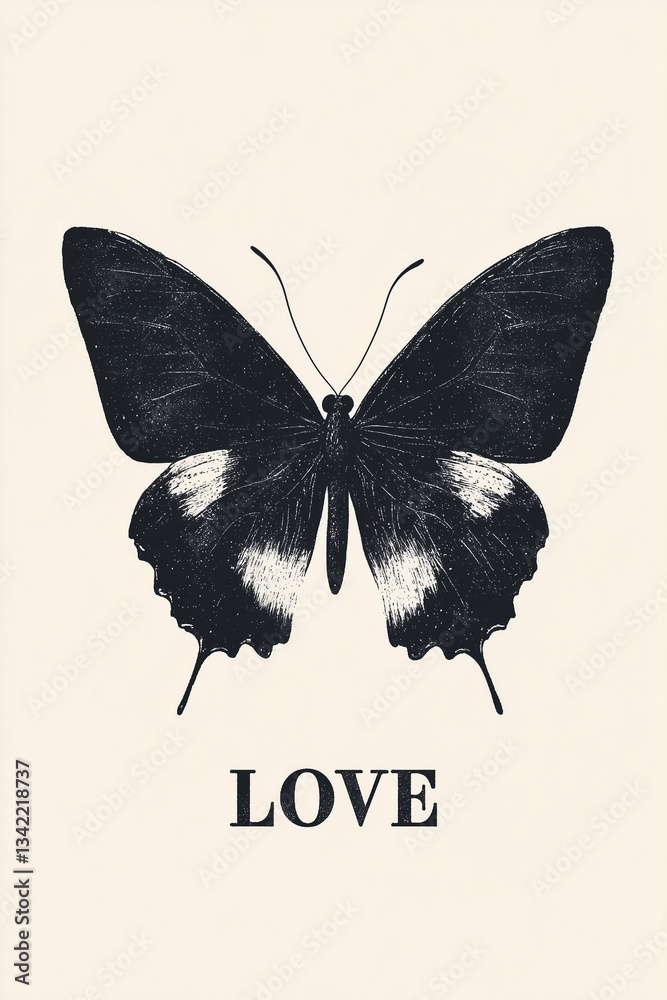 Duży czarny motyl na jasnym tle i napis LOVE - Ilustracja motyla