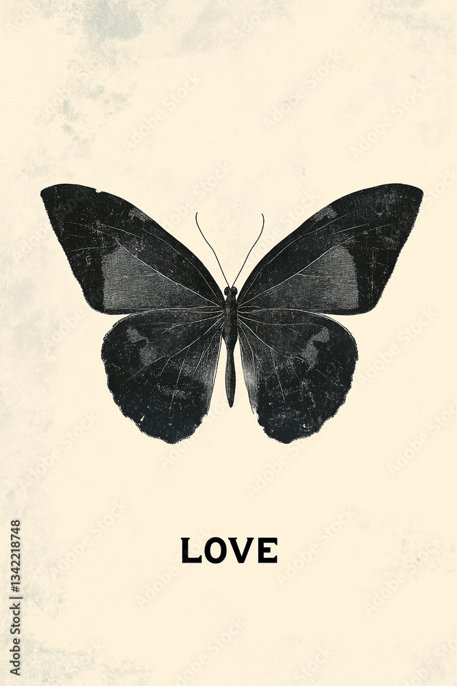 Duży czarny motyl na jasnym tle i napis LOVE - Ilustracja motyla