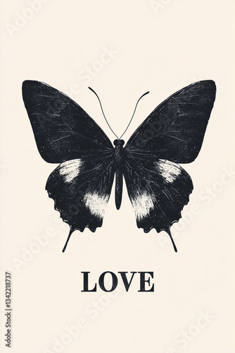 Obraz na płótnie Duży czarny motyl na jasnym tle i napis LOVE - Ilustracja motyla w salonie