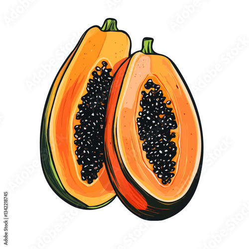 My hand-drawn colorful sliced Mountain Papaya. Trendy abstract minimal style. Natural fresh. Vector illustration isolated on white background, vector illustration