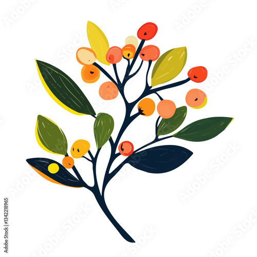 A hand-drawn colorful Muntingia leaf. Trendy abstract minimal style. Natural fresh. Vector illustration isolated on white background, vector illustration