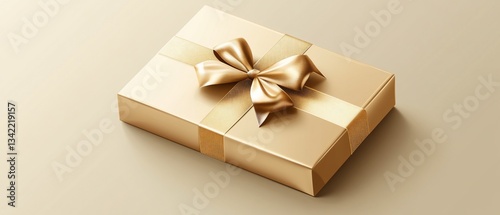 Golden gift box tied with a ribbon and bow, shiny paper, beige background