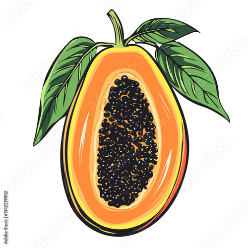 Hand-drawn colorful Papaya sliced. Trendy abstract minimal style. Natural fresh. Vector illustration isolated on white background, vector illustration