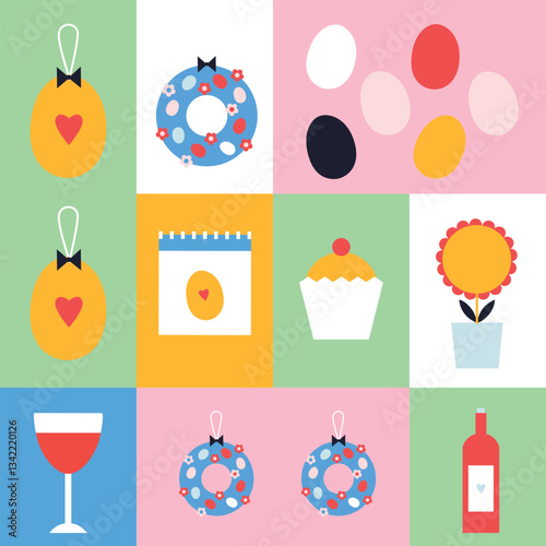 Happy Easter flat icons vector. Egg, dove, flower, set illustration. Egg hunt poster template. Festive spring holiday event design in flat cartoon style. All elements are isolated.	
