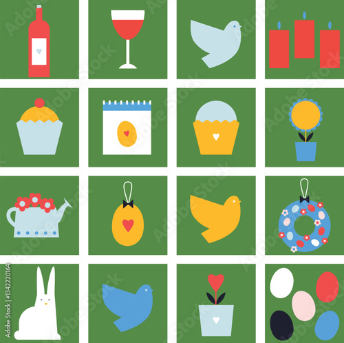 Happy Easter flat icons vector. Egg, dove, flower, set illustration. Egg hunt poster template. Festive spring holiday event design in flat cartoon style. All elements are isolated.	
