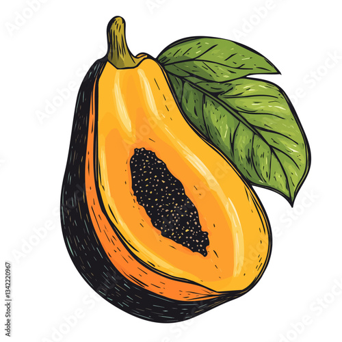 Hand-drawn colorful sliced Pawpaw. Trendy abstract minimal style. Natural fresh. Vector illustration isolated on white background, vector illustration