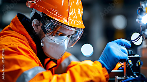 Technician in Protective Gear Testing High Voltage Electric Vehicle Battery